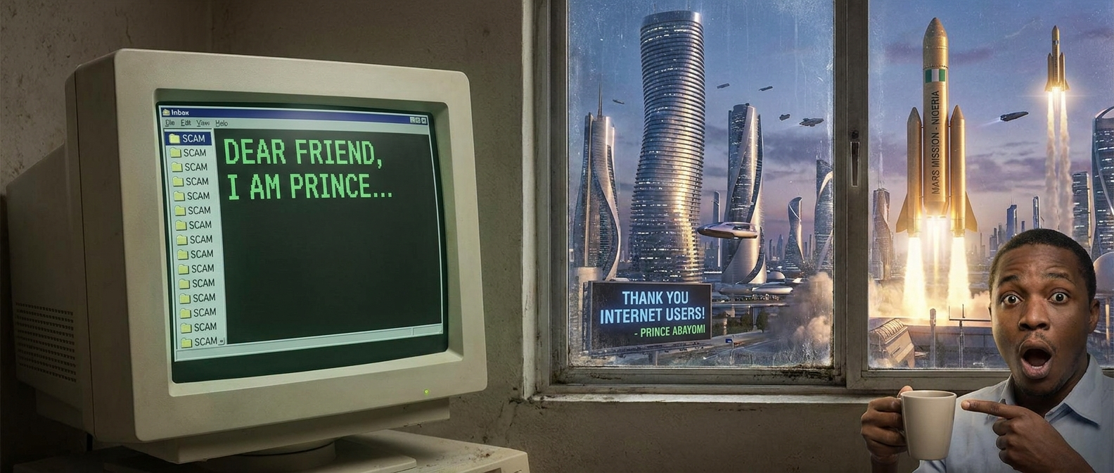 Retro computer showing Dear Friend email with futuristic city beyond the window.