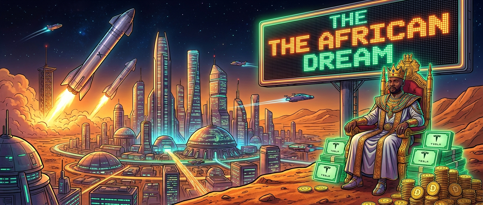 Futuristic African skyline with rockets, a prince on a throne, and a glowing African Dream billboard.
