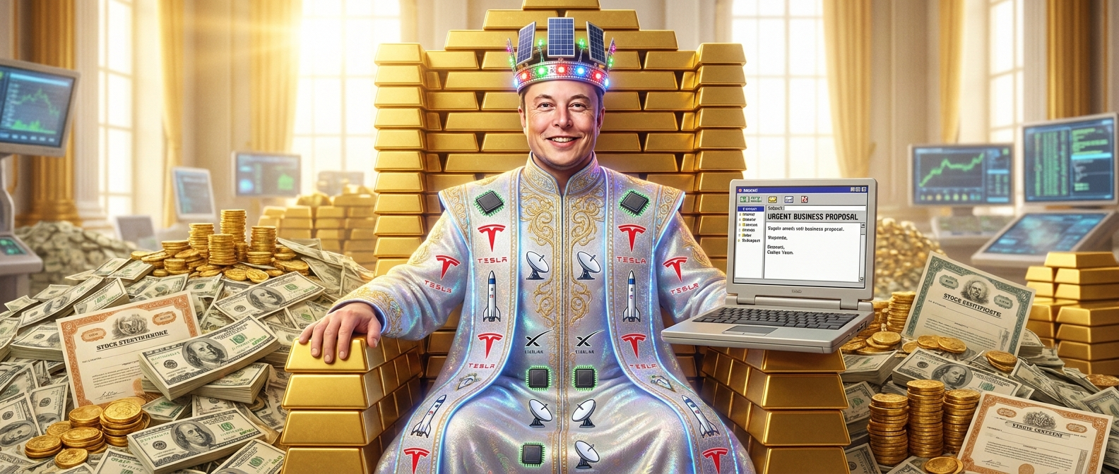A glowing prince seated on a throne of gold with wealth and emails around him.