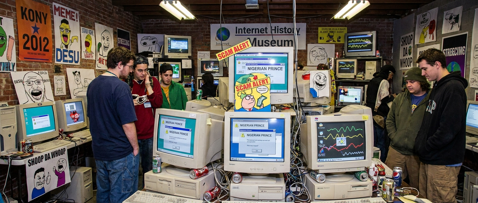 An internet museum full of old meme posters and Nigerian prince joke screens.