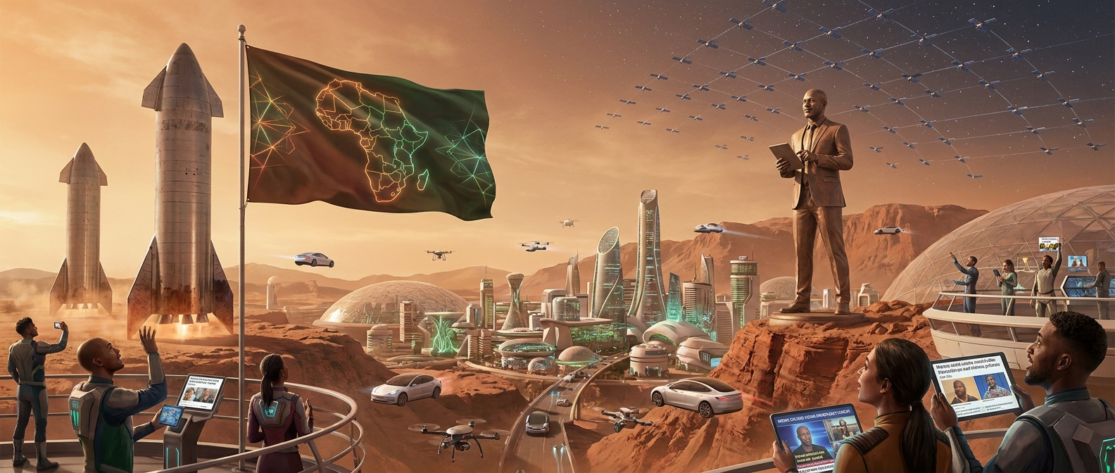 Futuristic African skyline with launches, orbiting satellites, and a triumphant city.